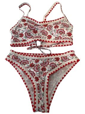 Boho Floral Red Trim Two-Piece Women's Swim Bikini Set